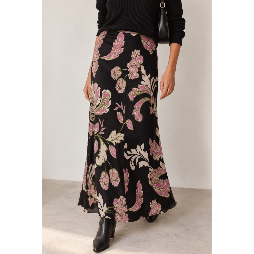 Karen Kane Black Pink Floral Maxi Skirt Elastic Waist Womens L